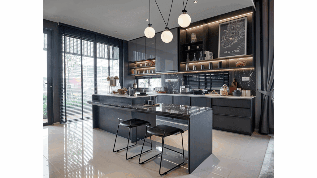 Modern kitchen cabinets with island design by Avenue Design in KL & Selangor