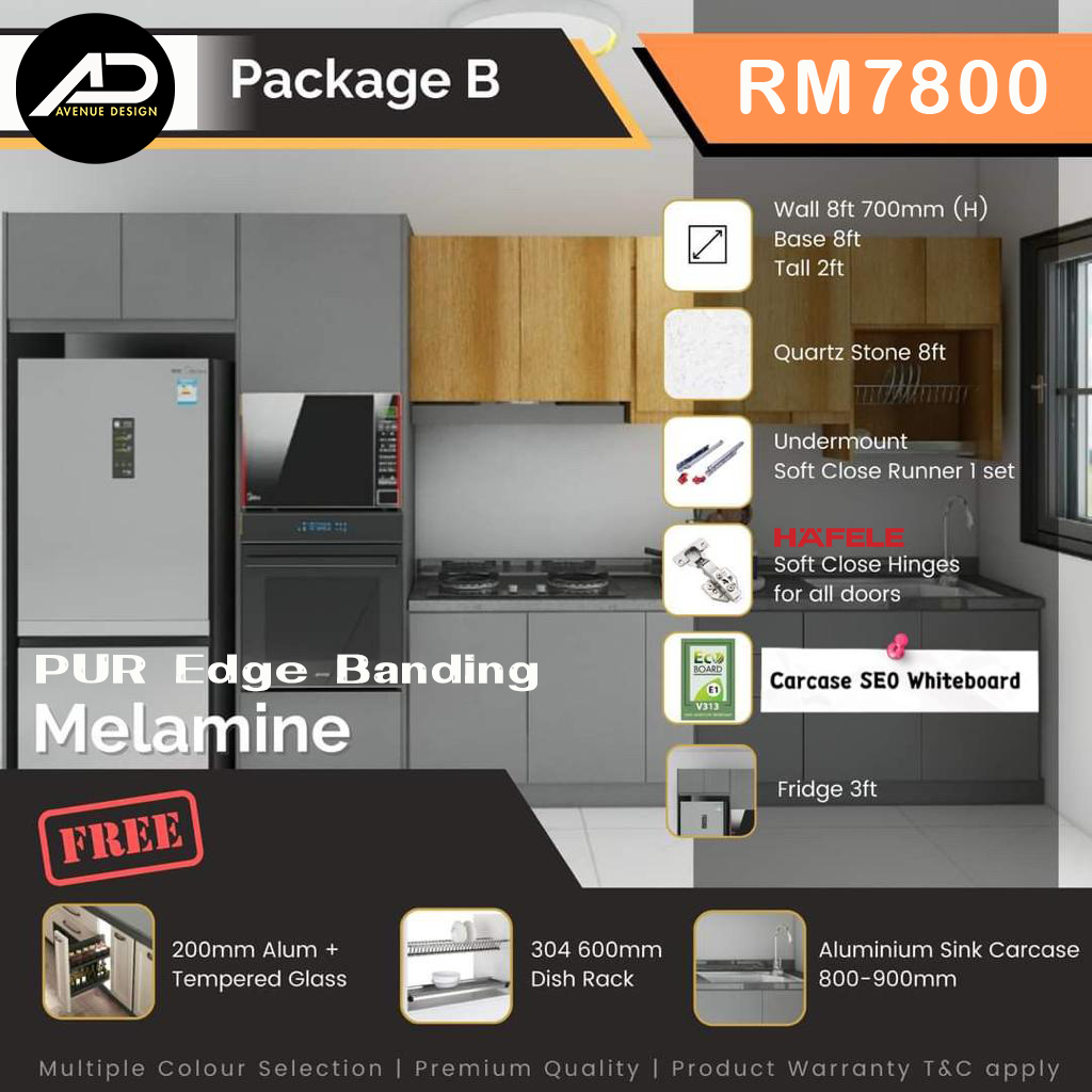 Package B melamine kitchen cabinet 8ft, with fridge cabinet and tall cabinet, by Avenue Design