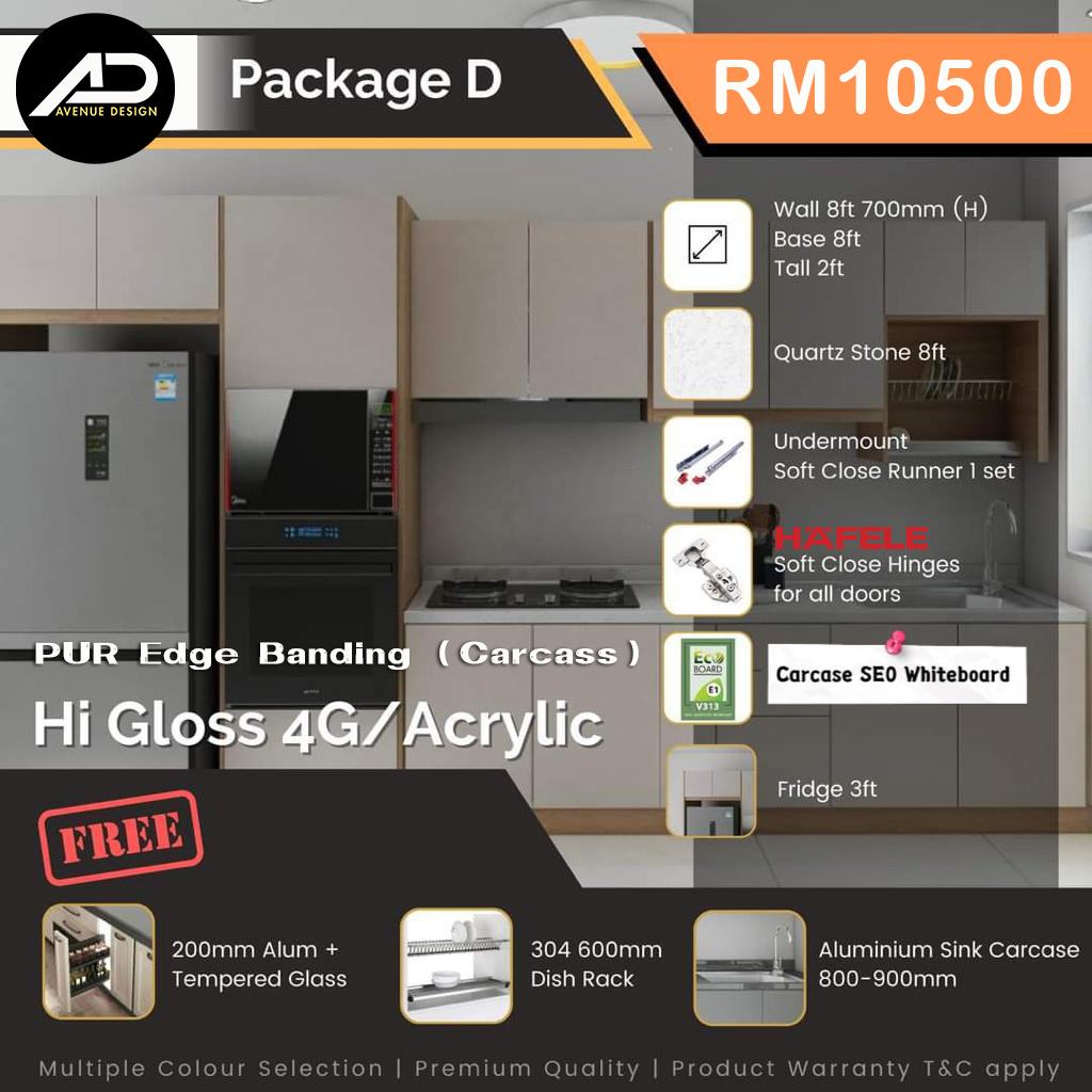 Package D 4G or Acrylic kitchen cabinet 8ft, with fridge cabinet and tall cabinet, by Avenue Design