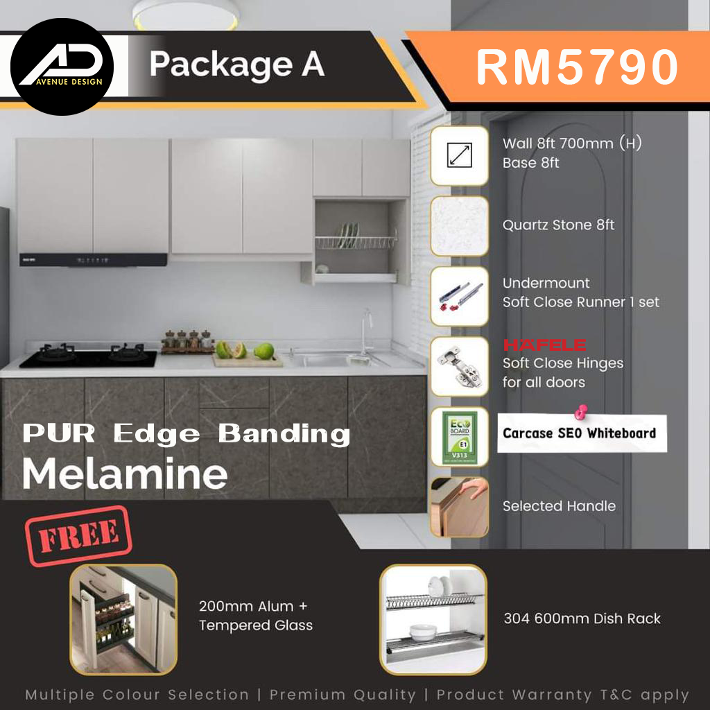 modern-melamine-kitchen-cabinet-package-A Avenue Design Package A: 8ft PUR Edge Banding Melamine kitchen cabinet with quartz stone top and Hafele hinges.