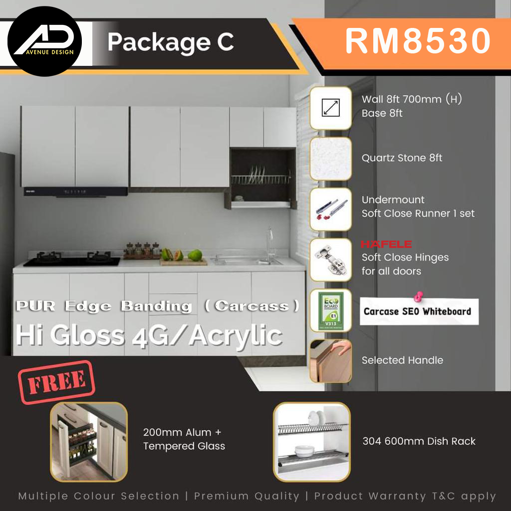 hi-gloss-4G-glass-kitchen-cabinet-package-C Avenue Design Package C: 8ft Hi Gloss 4G Glass kitchen cabinet with PUR Edge Banding carcase and quartz stone top.