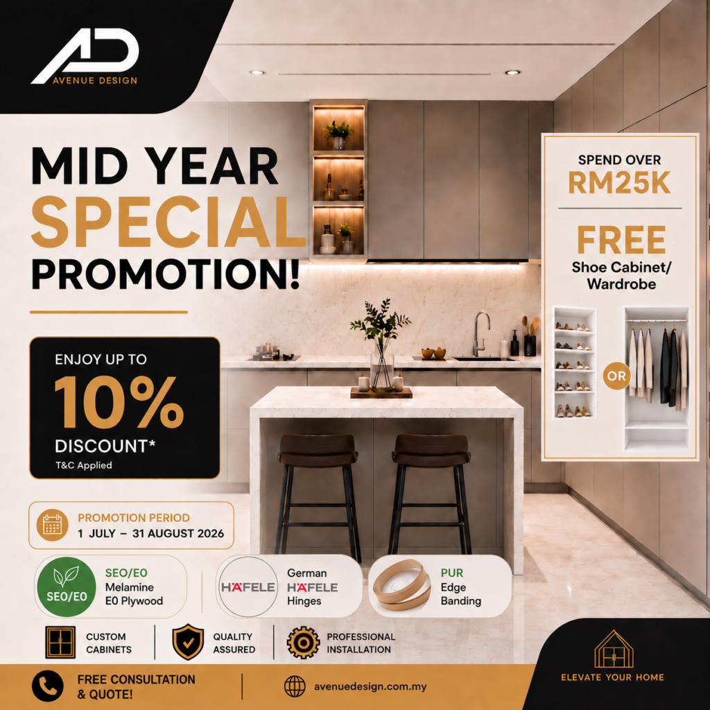 Avenue Design custom cabinet promotion featuring premium custom cabinets with E0 plywood, Hafele hinges and PUR edge banding